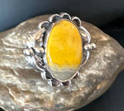 Navajo Yellow Bumble Bee Jasper Ring | Sterling Silver | Sz 9 | Authentic Native American Handmade | 14943