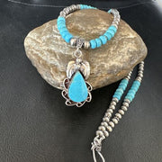 Navajo Blue Turquoise Pendant with Pearls | Sterling Silver Necklace | Authentic Native American Handmade | 15419