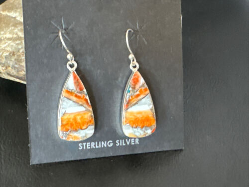 Navajo Blue Turquoise & Orange Spiny Oyster Inlay Dangle Earrings | Sterling Silver | 15583