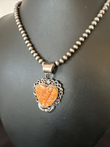 Navajo Orange Spiny Oyster Heart Pendant Necklace | Sterling Silver | Authentic Native American Handmade | 16417