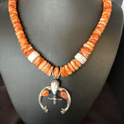 Navajo White Buffalo Turquoise Spiny Naja Pendant Necklace | Sterling Silver | 23" | 15027 - Masha USA