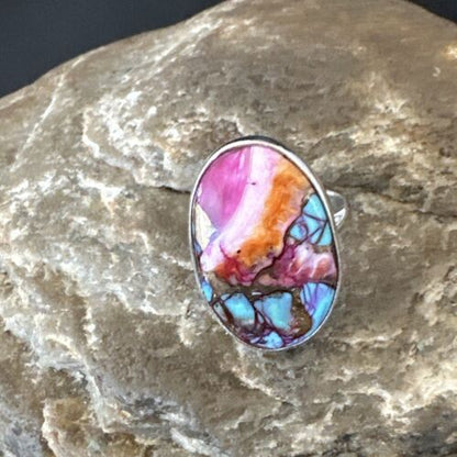 Navajo Blue Turquoise Purple Spiny Oyster Ring | Sterling Silver | Sz 8 | Authentic Native American Handmade | 16623