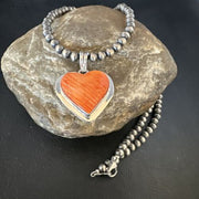 Navajo Orange Heart Spiny Oyster Pendant | Sterling Silver Necklace | Authentic Native American Handmade | 15014