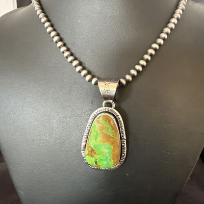 Navajo Green Gaspeite Pendant Necklace | Sterling Silver | Authentic Native American Handmade | 16359
