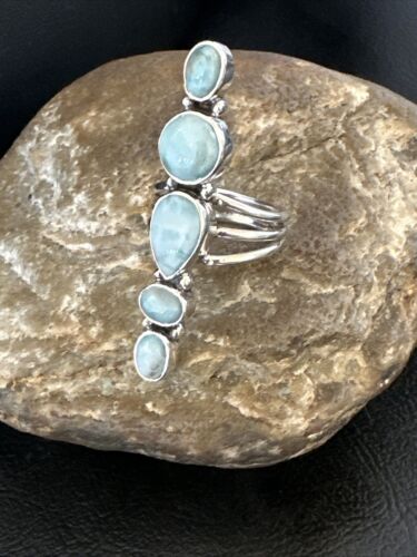 Navajo Women's Cluster Blue Larimar Ring | Authentic Native American Sterling Silver | Multi-Stone | Sz 8 | 16158
