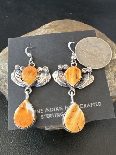 Navajo Orange Spiny Oyster Dangle Earrings | Sterling Silver | 1.5" | Authentic Native American Handmade | 16576