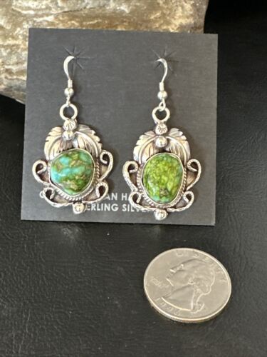 Navajo Green Sonoran Gold Turquoise Dangle Earrings | Sterling Silver | Authentic Native American Handmade | 14914