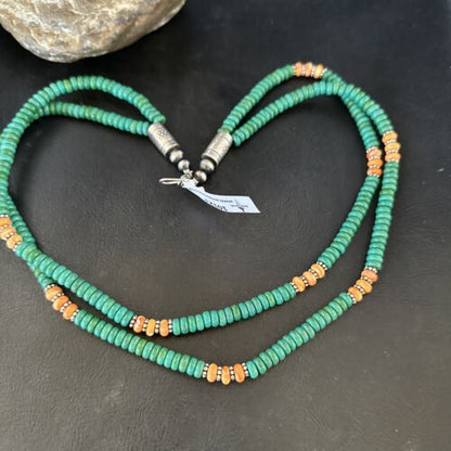 Navajo Green Turquoise Spiny Oyster Necklace | Sterling Silver | 21" | Authentic Native American Handmade | 10123