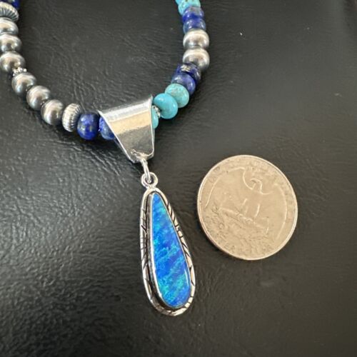 Navajo Blue Opal Turquoise Pendant Necklace | Sterling Silver | Authentic Native American Handmade | 16764