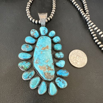 Navajo Blue Kingman Turquoise Cluster Pendant Necklace | Sterling Silver | Authentic Native American Handmade | 16794