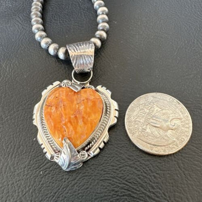Navajo Orange Spiny Oyster Heart Pendant Necklace | Sterling Silver | Authentic Native American Handmade | 16296