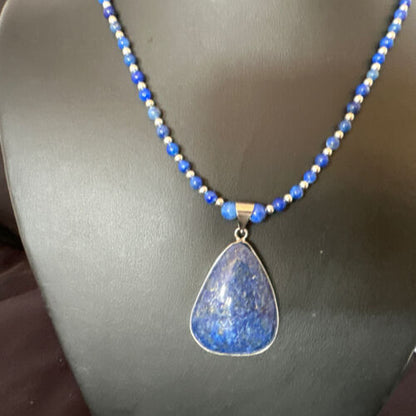 Navajo Blue Denim Lapis Pendant Necklace | Sterling Silver Pearls | 22" | Authentic Native American Handmade | 16579