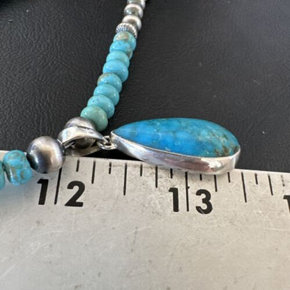 Navajo Blue Turquoise Pendant Necklace | Sterling Silver | Authentic Native American Handmade | 16652