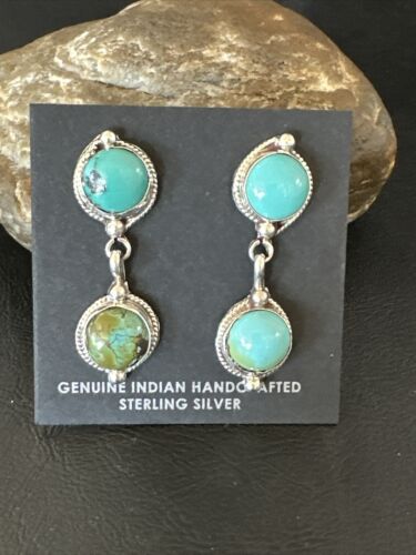 Navajo Blue Green Turquoise Dangle Earrings | Sterling Silver | 1.5" | Authentic Native American Handmade | 17387
