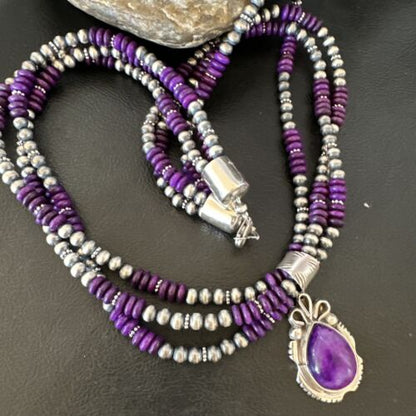 Navajo Sugilite 3-Strand Bead Necklace Set | Sterling Silver | 21" | Authentic Native American Handmade | 02927