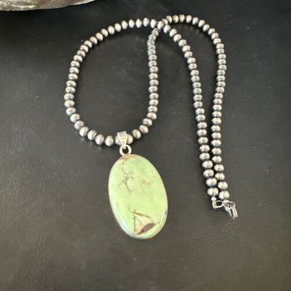 Navajo Green Gaspeite Pendant Necklace | Sterling Silver | Authentic Native American Handmade | 15487