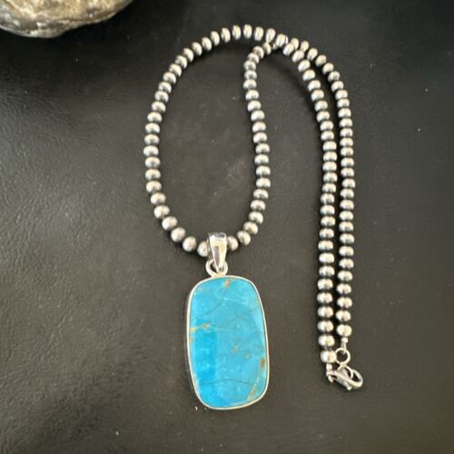 Blue Kingman Turquoise Pendant | Navajo Pearls | Sterling Silver Necklace 20" | 16996
