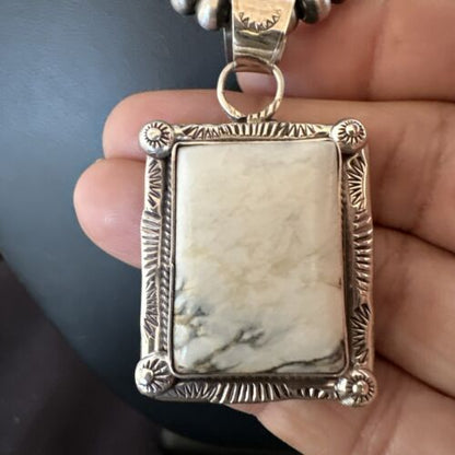 White Buffalo Turquoise Pendant | Navajo Pearls Sterling Silver Necklace | Authentic Native American Handmade | 17104