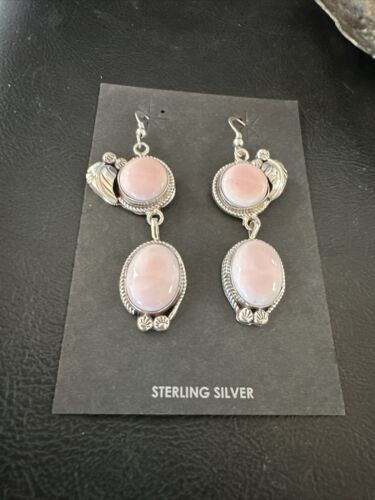 Navajo Pink Conch Shell Dangle Earrings | Sterling Silver | Authentic Native American Handmade | 17198