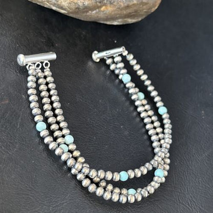 Navajo Pearls Sterling Silver Blue Turquoise 3-Strand Bracelet | 8.5" | Authentic Native American Handmade | 13576
