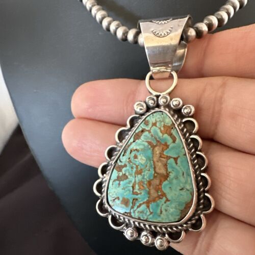 Women's Royston Turquoise Pendant Necklace | Navajo Pearls | Sterling Silver | Authentic Native American Handmade | 17062