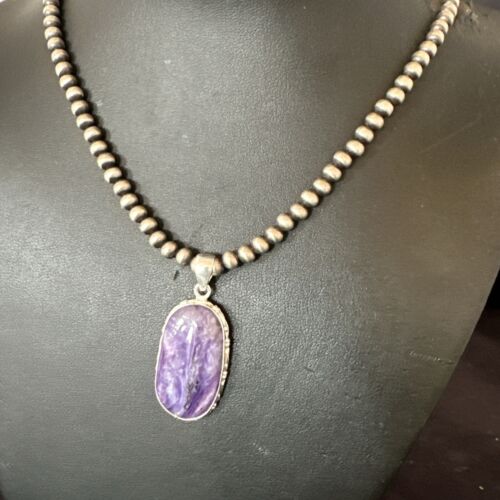 Navajo Purple Charoite Pendant with Pearls | Sterling Silver Necklace | Authentic Native American Handmade | 17313