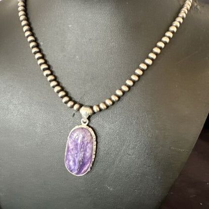 Navajo Purple Charoite Pendant with Pearls | Sterling Silver Necklace | Authentic Native American Handmade | 17313