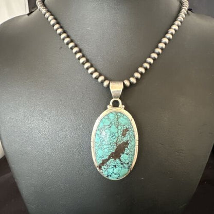 Men's Navajo Blue Spiderweb Turquoise Pendant Necklace | Sterling Silver | Native American Handmade | 16192