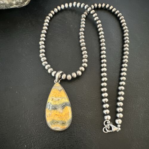 Navajo BumbleBee Jasper Pendant Necklace | Sterling Silver Pearls | Authentic Native American Handmade | 16843