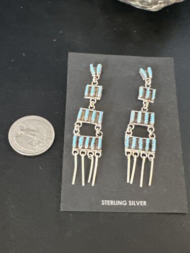 Zuni Kingman Turquoise Needle Point Dangle Earrings | Sterling Silver | 4 Tier | 14872