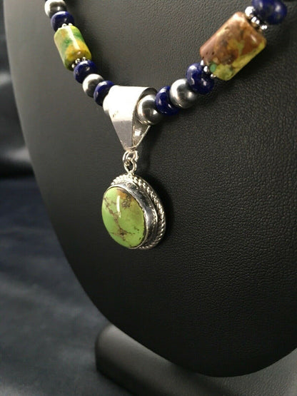 Navajo Green Turquoise and Lapis Necklace with Gaspeite Pendant | Sterling Silver | 23" | 2819