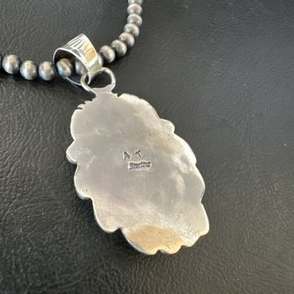 Navajo Blue Turquoise Pendant Necklace | Sterling Silver Pearls | Authentic Native American Handmade | 15643