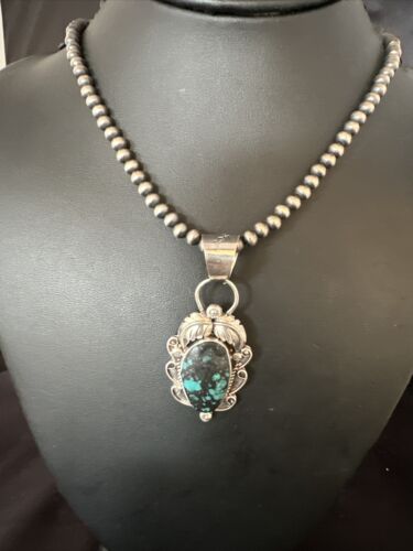 Navajo Blue Spiderweb Turquoise Pendant Necklace | Sterling Silver | Native American Handmade | 15096