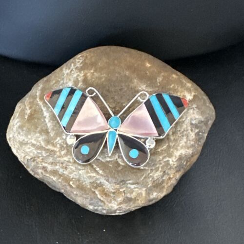 Zuni Butterfly Turquoise Mother of Pearl Onyx Inlay Pin Pendant | Sterling Silver | 15151