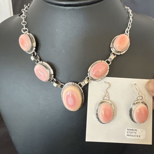 Navajo Pink Conch Choker Necklace | Sterling Silver Pendant 18" | Earrings Set | Authentic Native American Handmade | 16126