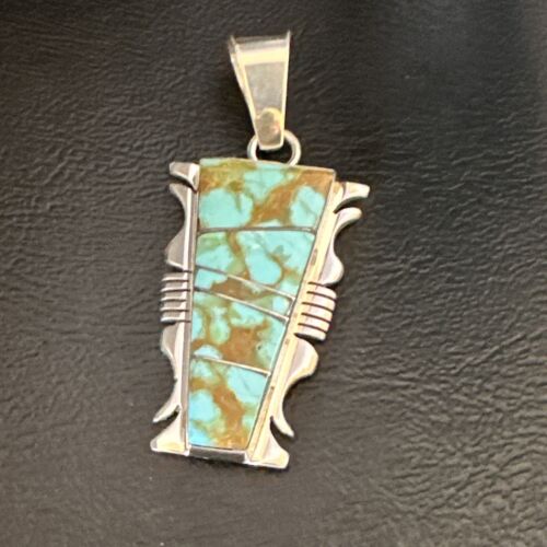 Navajo Blue #8 Turquoise Inlay Pendant | Sterling Silver | 2" | Authentic Native American Handmade | 15681