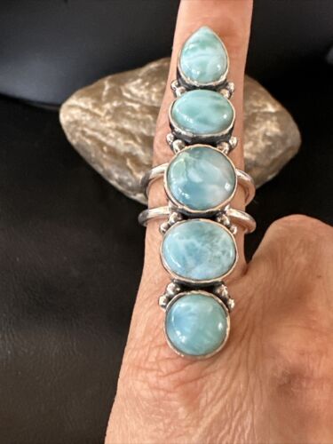 Navajo Blue Larimar Cluster Ring | Authentic Native American Sterling Silver | Multi-Stone | Sz 8.5 | 16153