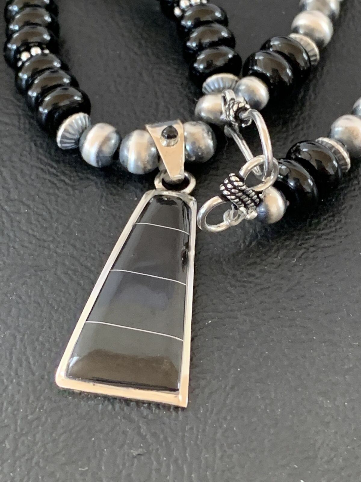 Navajo Black Onyx Bead Inlay Pendant Necklace | Sterling Silver | Native American Handmade | 01939