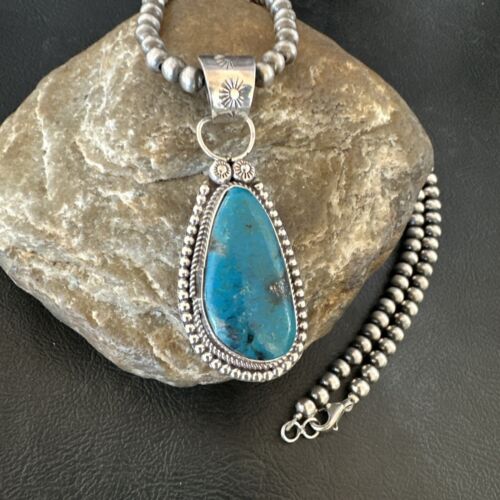 Navajo Pearls Kingman Turquoise Pendant Necklace | Sterling Silver | Authentic Native American Handmade | 17129
