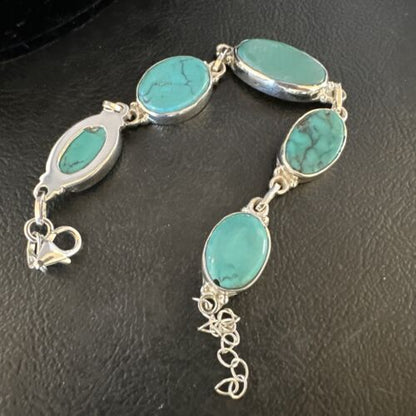 Navajo Blue Turquoise Link Bracelet | Sterling Silver | 8" | Authentic Native American Handmade | 15471