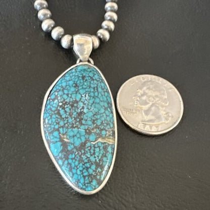 Men's Navajo Blue Spiderweb Turquoise Pendant Necklace | Sterling Silver | Authentic Native American Handmade | 16217