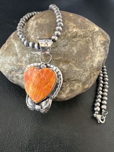 Navajo Orange Spiny Oyster Heart Pendant Necklace | Sterling Silver | Authentic Native American Handmade | 16414