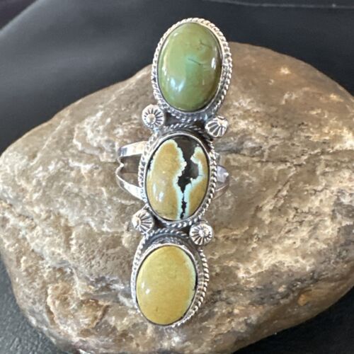 Navajo Green Royston Turquoise Multi-Stone Ring | Authentic Native American Sterling Silver | Sz 10.5 | 16722