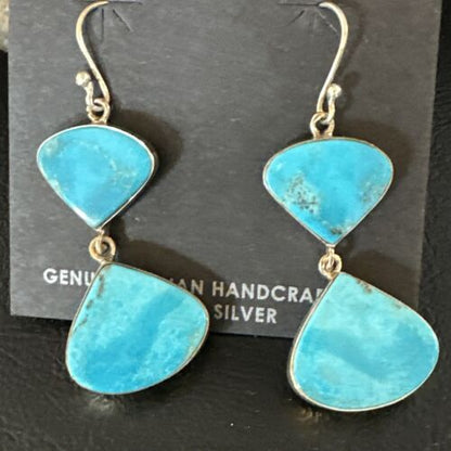 Navajo Blue Kingman Turquoise Dangle Earrings | Sterling Silver | Authentic Native American Handmade | 15101