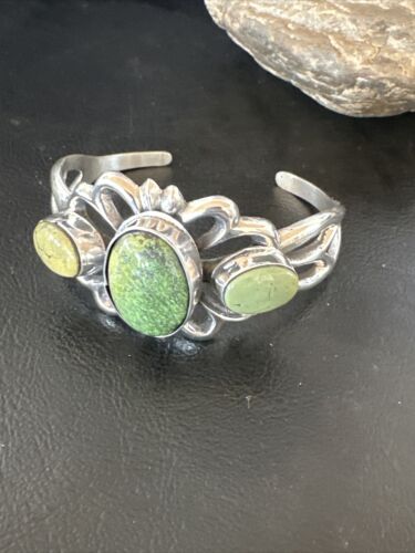 Navajo Green Turquoise Cuff Bracelet | Sterling Silver Tufa Cast | Authentic Native American Handmade | 16787