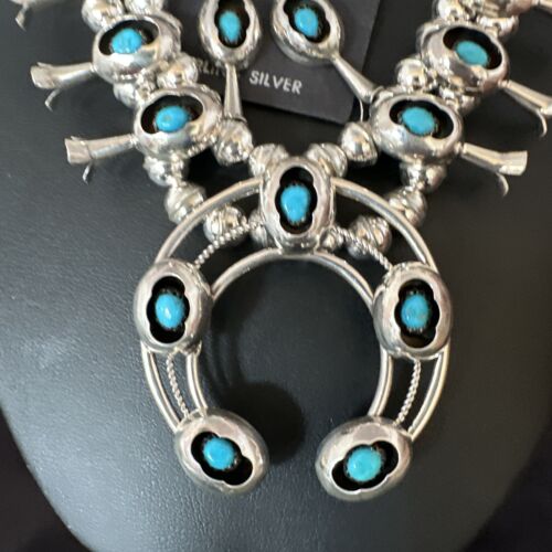 Navajo Kingman Turquoise Shadowbox Squash Blossom Necklace | Sterling Silver | Authentic Native American Handmade | 16089