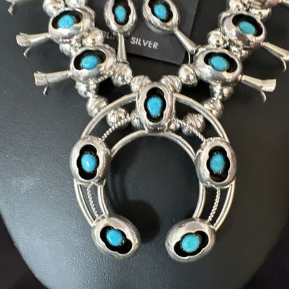 Navajo Kingman Turquoise Shadowbox Squash Blossom Necklace | Sterling Silver | Authentic Native American Handmade | 16089