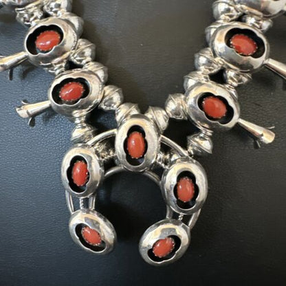 Navajo Red Coral Shadowbox Squash Blossom Necklace | Sterling Silver | 17" | Authentic Native American Handmade | 16116