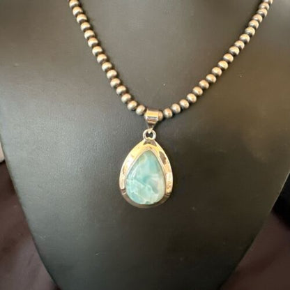 Navajo Blue Larimar Pendant Necklace | Sterling Silver Beads | Authentic Native American Handmade | 17630