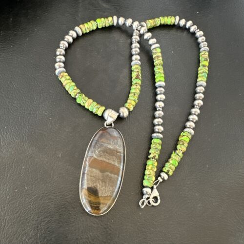 Navajo Green Turquoise Jasper Pendant | Sterling Silver Necklace | Authentic Native American Handmade | 17053